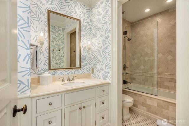 2001 Broadmoor Dr E, Seattle, WA 98112 - bathroom with wallpapered walls, tiled shower / bath combo, vanity, crown molding, and recessed lighting