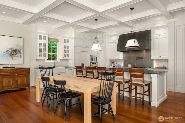 2001 Broadmoor Dr E, Seattle, WA 98112 - dining area with dark wood-style flooring, beam ceiling, coffered ceiling, and recessed lighting