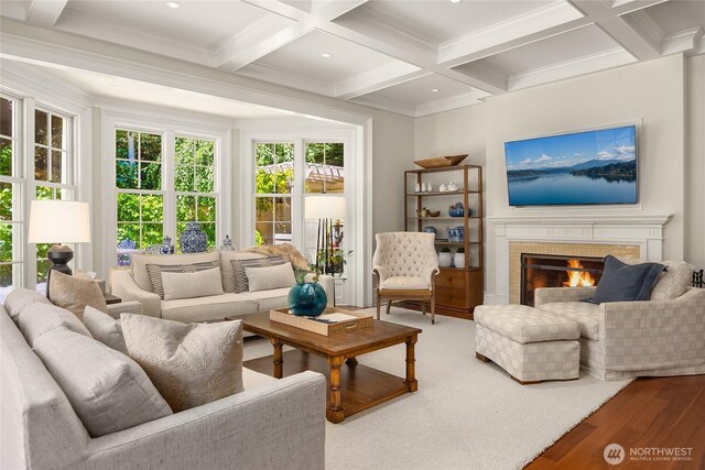 2001 Broadmoor Dr E, Seattle, WA 98112 - living area featuring beamed ceiling, coffered ceiling, a fireplace, ornamental molding, and wood finished floors