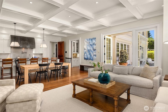 2001 Broadmoor Dr E, Seattle, WA 98112 - living area featuring wood finished floors, beam ceiling, coffered ceiling, and recessed lighting