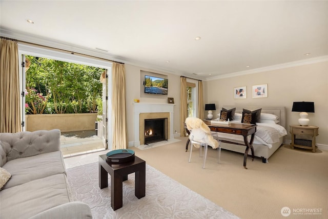 2001 Broadmoor Dr E, Seattle, WA 98112 - carpeted bedroom with access to outside, ornamental molding, and a fireplace with flush hearth