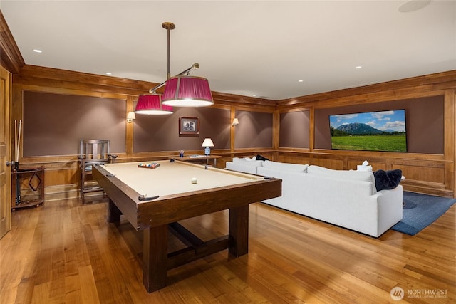 2001 Broadmoor Dr E, Seattle, WA 98112 - rec room with billiards table, wood finished floors, wooden walls, recessed lighting, and a wainscoted wall