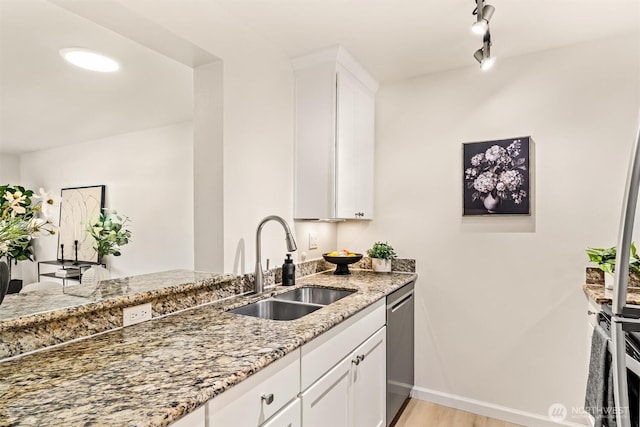 502 141st Ave SE Unit 45, Bellevue, WA 98007 - kitchen featuring dishwasher, light stone counters, white cabinets, and rail lighting