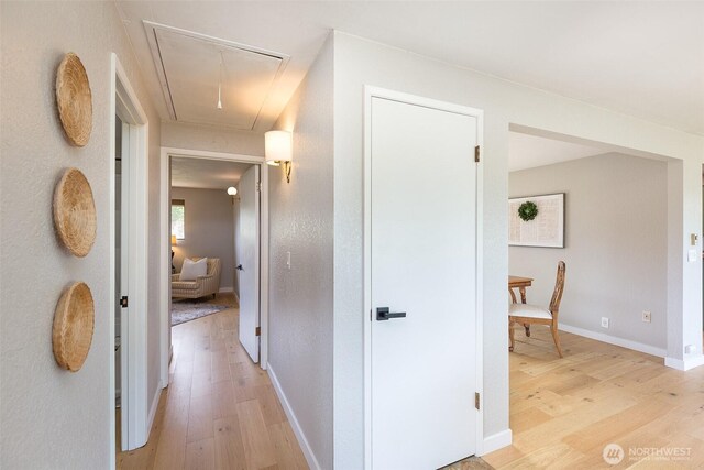 110 Victoria View St, Sequim, WA 98382 - hallway featuring attic access and light wood-style floors