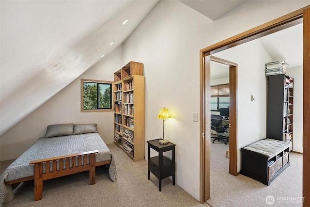27523 SW Sandy Shores Dr, Vashon, WA 98070 - bedroom with vaulted ceiling, carpet, and multiple windows