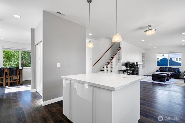 1326 SW 340th St, Federal Way, WA 98023 - kitchen featuring modern cabinets, dark wood finished floors, white cabinets, a center island, and recessed lighting