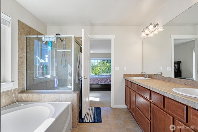 1326 SW 340th St, Federal Way, WA 98023 - ensuite bathroom featuring double vanity, a bath, a stall shower, and tile patterned floors