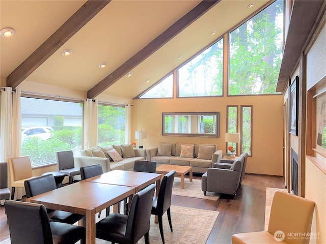 1711 159th Pl NE Unit 29, Bellevue, WA 98008 - dining area with beamed ceiling, hardwood / wood-style flooring, and high vaulted ceiling