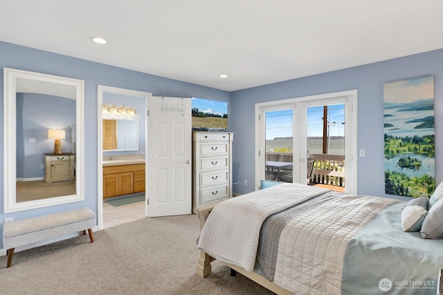 6926 Holeman Ave, Blaine, WA 98230 - bedroom featuring access to exterior, light carpet, ensuite bath, and recessed lighting