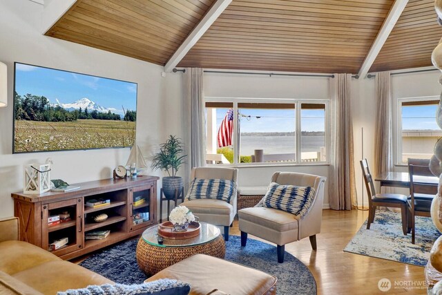 6926 Holeman Ave, Blaine, WA 98230 - living area with wooden ceiling, healthy amount of natural light, and wood finished floors
