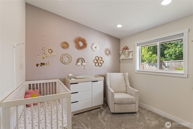 4502 223rd St SW, Mountlake Terrace, WA 98043 - bedroom with a crib, carpet flooring, and recessed lighting