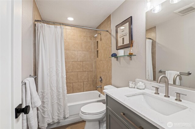 4502 223rd St SW, Mountlake Terrace, WA 98043 - bathroom featuring vanity, shower / bath combination with curtain, and wood finished floors