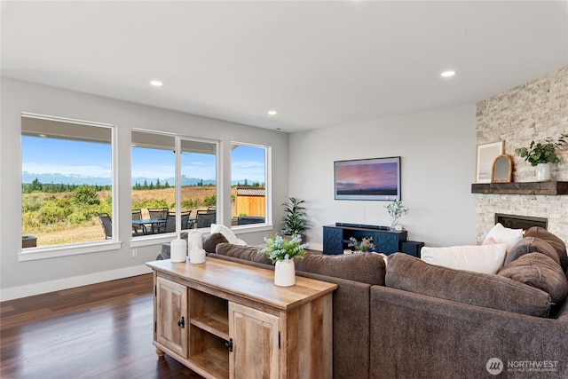 381 E Benson Ridge Rd, Grapeview, WA 98546 - living area with dark wood-style flooring, recessed lighting, and a fireplace