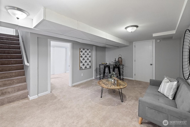 213 S 58th St, Tacoma, WA 98408 - carpeted living room with stairs and baseboards