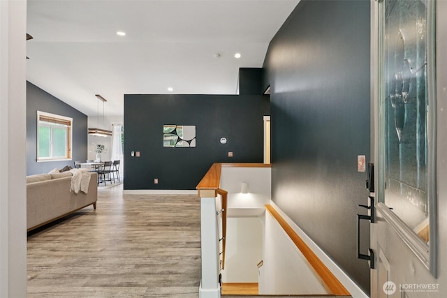 49 Cascade Ln, Bellingham, WA 98229 - corridor featuring an upstairs landing, light wood-style floors, lofted ceiling, and recessed lighting