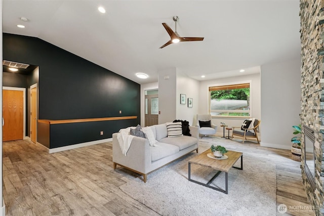 49 Cascade Ln, Bellingham, WA 98229 - living room with wood finished floors, a ceiling fan, vaulted ceiling, and recessed lighting