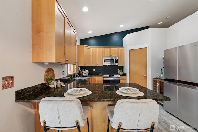 49 Cascade Ln, Bellingham, WA 98229 - kitchen featuring appliances with stainless steel finishes, a peninsula, vaulted ceiling, dark stone countertops, and light wood-type flooring