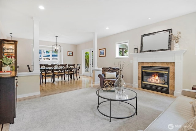 7709 NE 170th St, Kenmore, WA 98028 - carpeted living room featuring a fireplace and recessed lighting