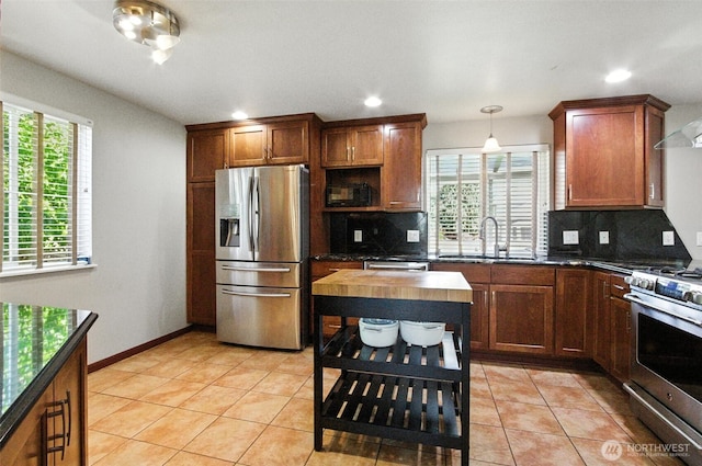 37404 18th Ave S, Federal Way, WA 98003 - kitchen featuring appliances with stainless steel finishes, open shelves, decorative backsplash, light tile patterned flooring, and recessed lighting