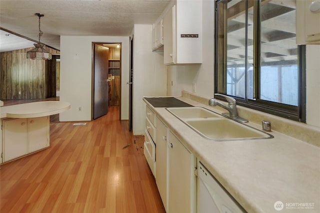 151 Dietz Dr, Quilcene, WA 98376 - kitchen featuring light wood-style flooring, light countertops, white cabinetry, and decorative light fixtures