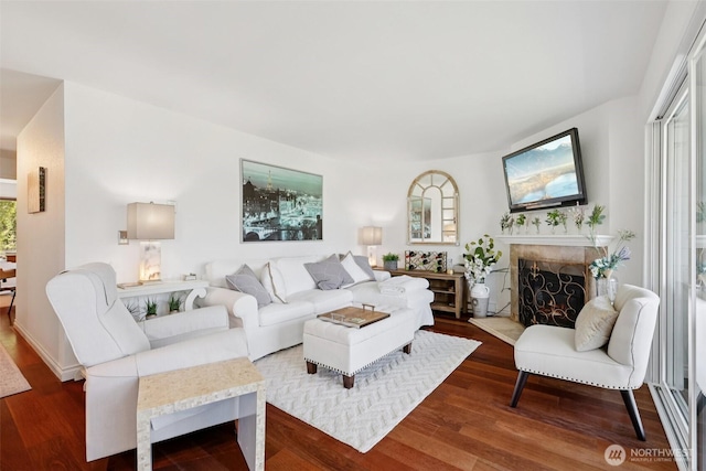 4181 W Lake Sammamish Pkwy SE Unit B301, Bellevue, WA 98008 - living area featuring a premium fireplace and wood finished floors