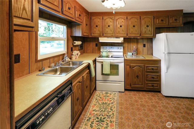 31809 148th Way SE, Auburn, WA 98092 - kitchen with white appliances, under cabinet range hood, light countertops, and brown cabinets