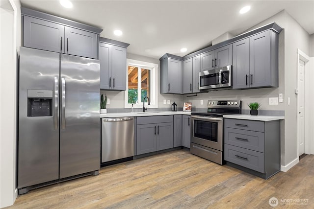 7113 E Dakota St, Port Orchard, WA 98366 - kitchen featuring stainless steel appliances, gray cabinets, light countertops, light wood-style flooring, and recessed lighting