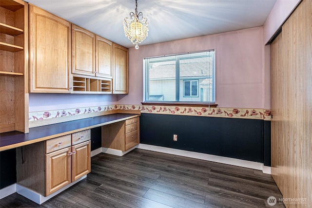 406 Brown Way SE, Orting, WA 98360 - unfurnished office with built in study area, dark wood-style floors, and a chandelier