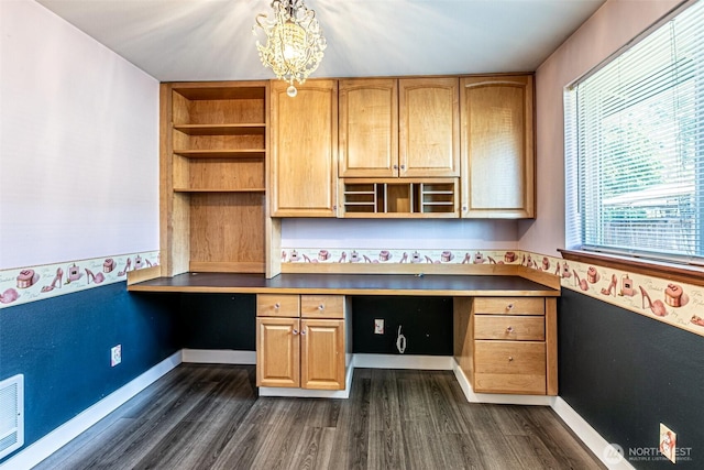 406 Brown Way SE, Orting, WA 98360 - unfurnished office with built in desk, dark wood-type flooring, and a chandelier