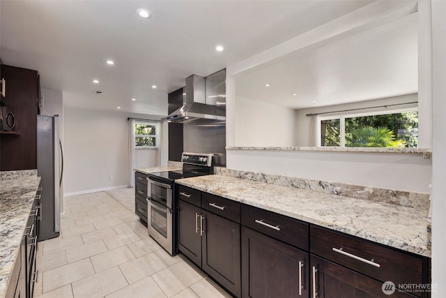 4006 147th Pl, Bellevue, WA 98006 - kitchen with appliances with stainless steel finishes, wall chimney range hood, recessed lighting, dark brown cabinets, and light stone counters