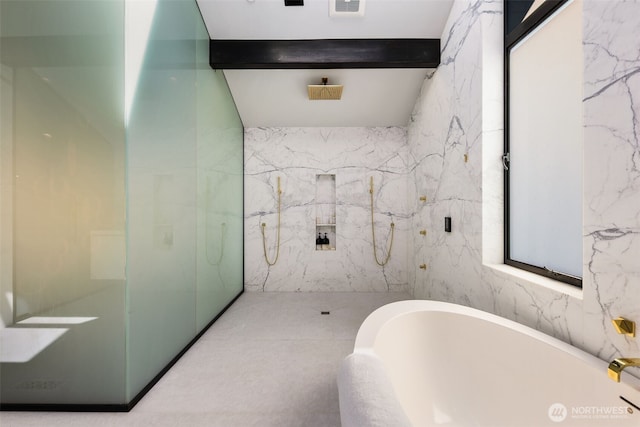 4014 E Mercer Way, Mercer Island, WA 98040 - bathroom featuring a marble finish shower, a freestanding bath, and beam ceiling
