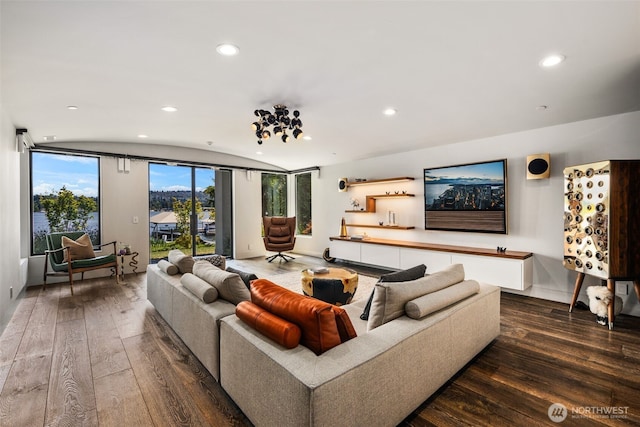 4014 E Mercer Way, Mercer Island, WA 98040 - living area featuring wood-type flooring, recessed lighting, and vaulted ceiling