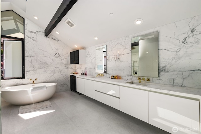 4014 E Mercer Way, Mercer Island, WA 98040 - full bathroom featuring double vanity, a soaking tub, and recessed lighting