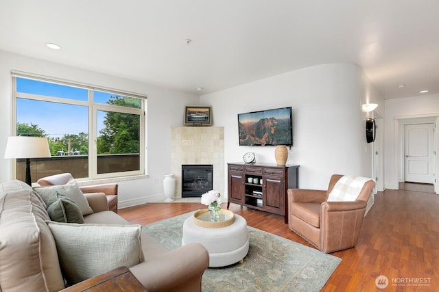 2551 Thorndyke Ave W Unit 302, Seattle, WA 98199 - living area with wood finished floors, a fireplace, and recessed lighting