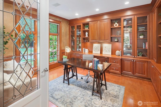 13695 NE 32nd Pl, Bellevue, WA 98005 - office with crown molding, light wood-style flooring, and recessed lighting