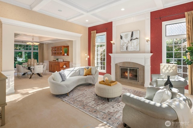 13695 NE 32nd Pl, Bellevue, WA 98005 - living area with coffered ceiling, beam ceiling, a chandelier, plenty of natural light, and ornamental molding