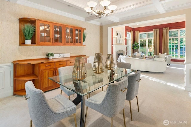 13695 NE 32nd Pl, Bellevue, WA 98005 - dining room with a chandelier, coffered ceiling, beamed ceiling, crown molding, and light carpet