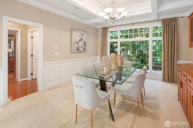 13695 NE 32nd Pl, Bellevue, WA 98005 - dining space with a chandelier, a wainscoted wall, coffered ceiling, wallpapered walls, and beamed ceiling