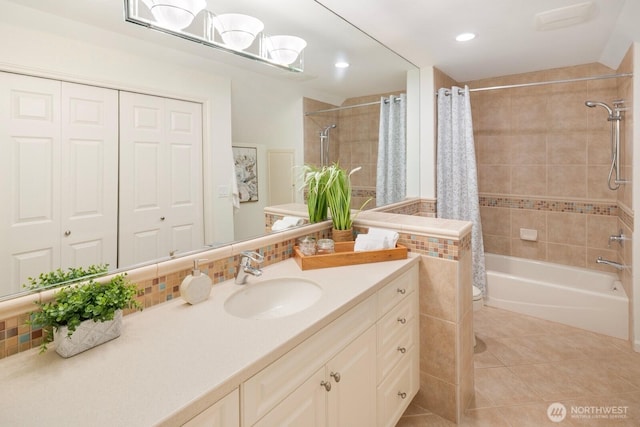 13695 NE 32nd Pl, Bellevue, WA 98005 - full bath with tile patterned flooring, vanity, shower / bath combination with curtain, backsplash, and recessed lighting