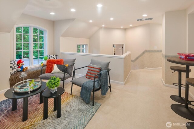 13695 NE 32nd Pl, Bellevue, WA 98005 - living area featuring recessed lighting, carpet flooring, and an upstairs landing
