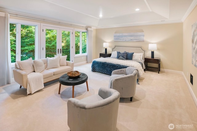 13695 NE 32nd Pl, Bellevue, WA 98005 - bedroom featuring carpet, a tray ceiling, recessed lighting, and crown molding