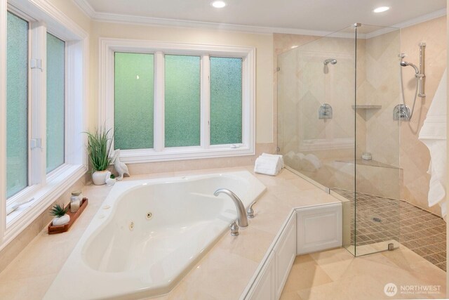 13695 NE 32nd Pl, Bellevue, WA 98005 - bathroom featuring a whirlpool tub, a shower stall, ornamental molding, and recessed lighting
