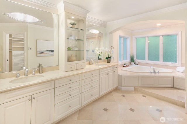 13695 NE 32nd Pl, Bellevue, WA 98005 - bathroom featuring double vanity, crown molding, tile patterned floors, and a bath