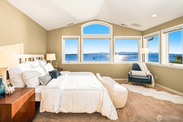 7117 Beach Dr SW, Seattle, WA 98136 - carpeted bedroom featuring a water view, vaulted ceiling, and multiple windows