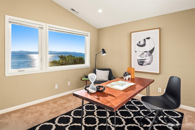 7117 Beach Dr SW, Seattle, WA 98136 - home office with carpet, lofted ceiling, recessed lighting, and a water view