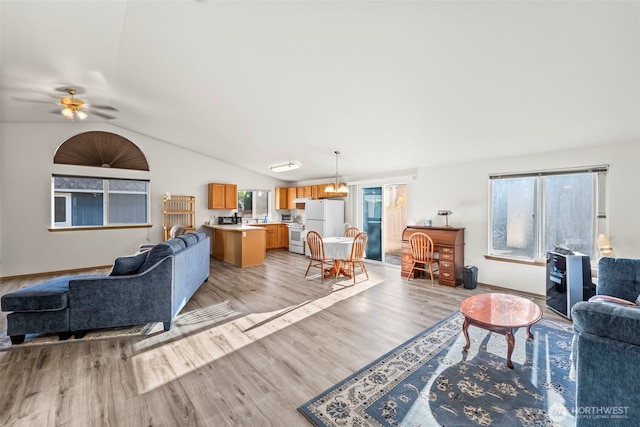 1346 Chatham Dr SE, Olympia, WA 98513 - living area with lofted ceiling, a ceiling fan, and light wood finished floors