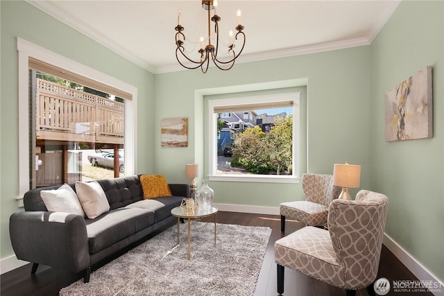 6208 Fremont Ave N, Seattle, WA 98103 - living room with a chandelier, wood finished floors, and crown molding