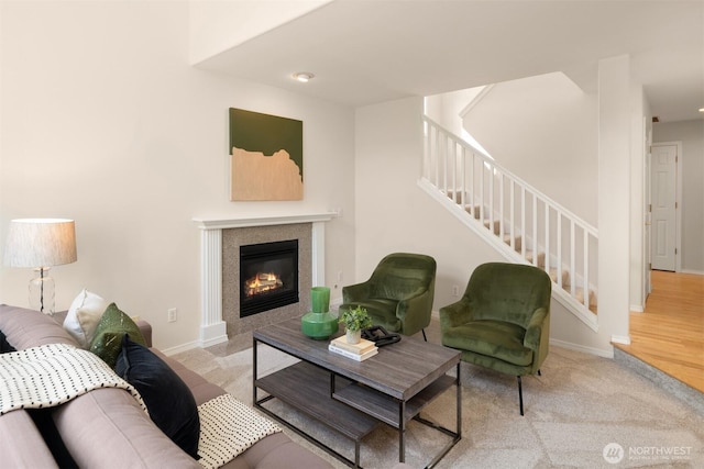 17515 110th Ln SE Unit 27, Renton, WA 98055 - living area with stairs and a tile fireplace