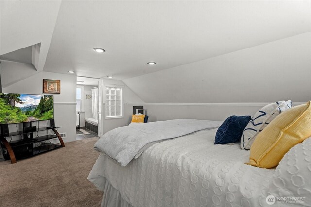 7012 S Warner St, Tacoma, WA 98409 - bedroom with carpet flooring, vaulted ceiling, and recessed lighting