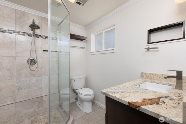 10414 43rd Street Ct E, Edgewood, WA 98372 - bathroom featuring vanity, a shower stall, ornamental molding, and tile patterned floors